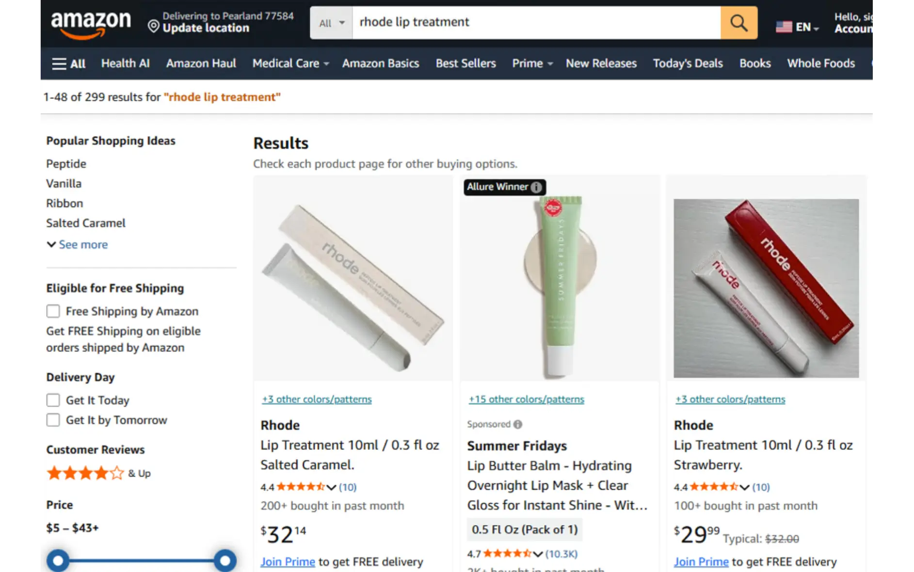 Amazon search results for Rhode lip treatment and Summer Fridays lip butter balm.