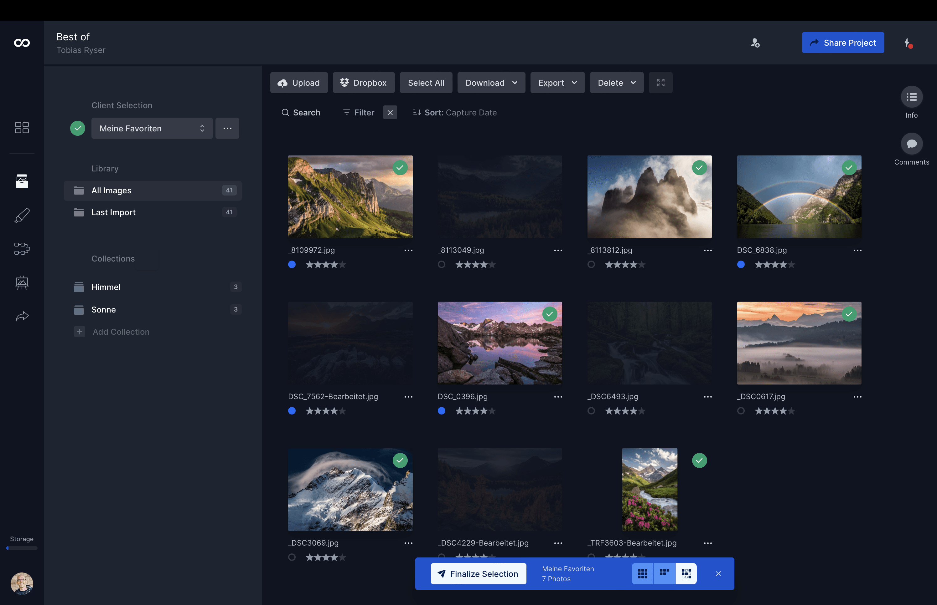 Image of a moodcase interface displaying a grid of photo thumbnails, with options on the left.