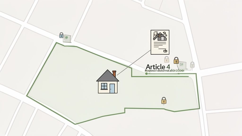 Map showing a house within a property boundary, with an 'Article 4' document and lock icons.