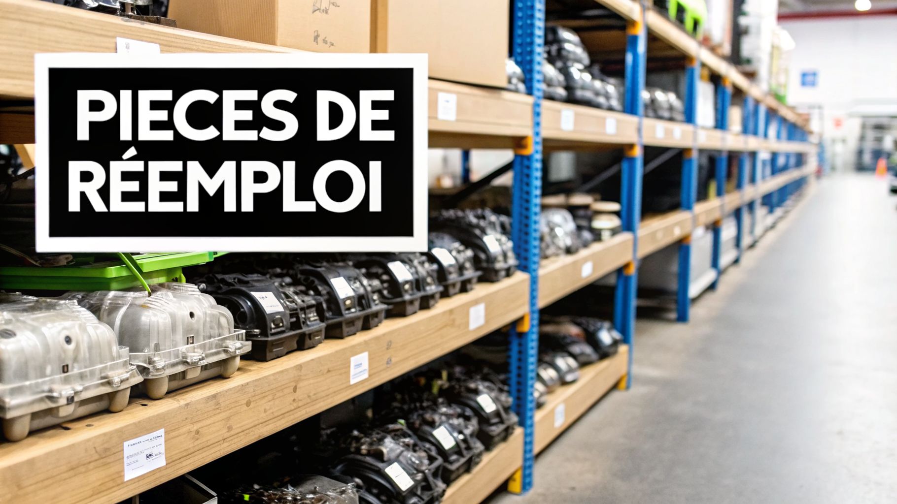 Un entrepôt lumineux avec des étagères en bois et des rayonnages bleus, remplis de pièces automobiles. Un panneau noir visible affiche « PIECES DE RÉEMPLOI » en blanc.