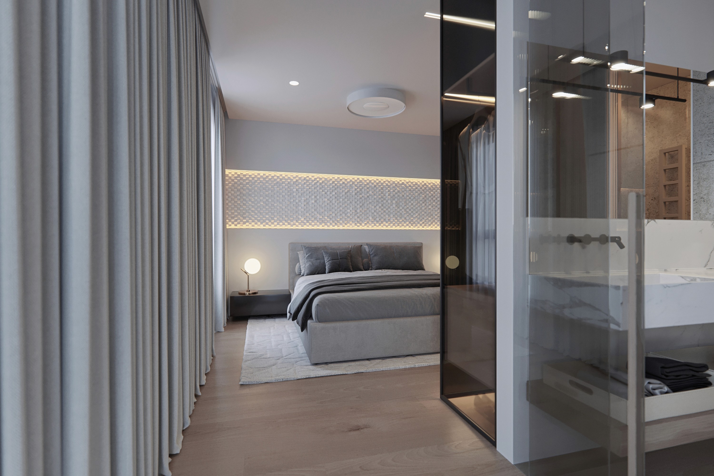 Minimalist bedroom with glass elements, warm lighting and open bathroom design in PZL Apartment