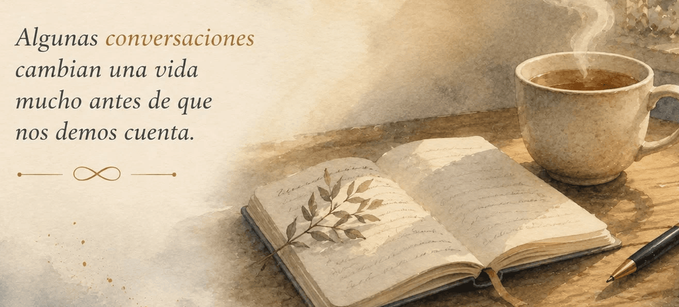 Ilustración de un cuaderno abierto junto a una taza de té frente a una ventana