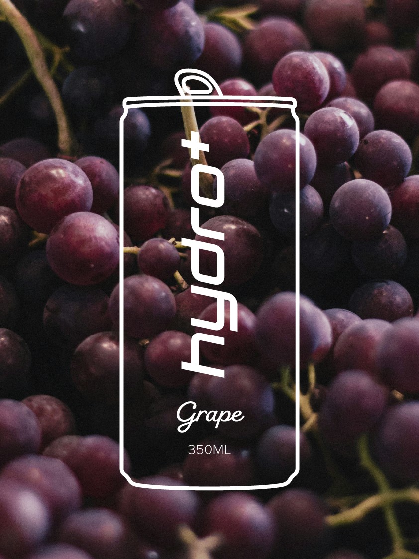 Hydro Plus hydration drink branding showcasing a minimalist can outline over a vibrant Grape background.