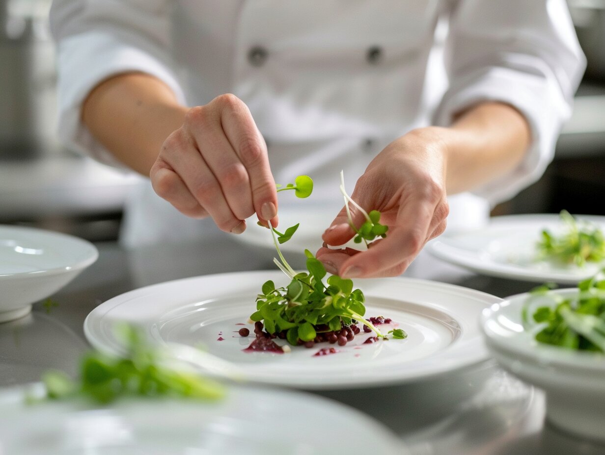 Chef’s hands finishing an elegant tasting plate for a River Oaks private dinner, precise garnishes and clean presentation.