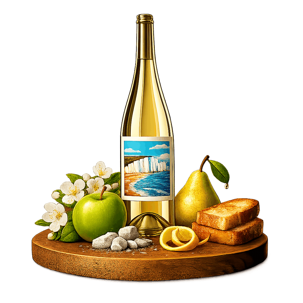 Artistic label and flavor profile for Sussex Sparkling Wine on a rustic wooden table.