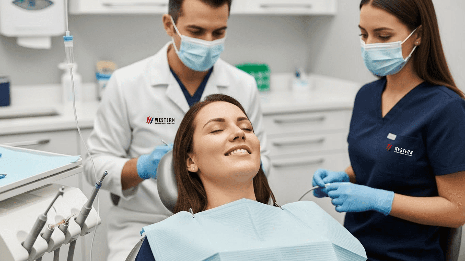Dentist administering IV moderate sedation to a patient during an in-office dental procedure