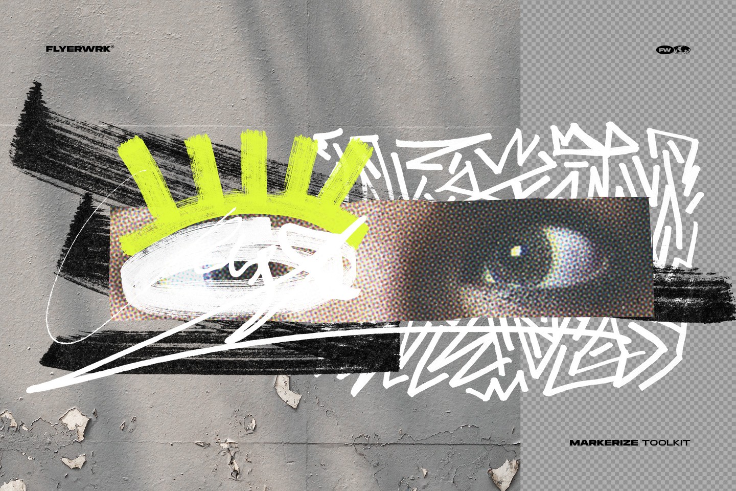 Markerize abstract marker art collage including white scribbles and neon yellow highlights for poster design