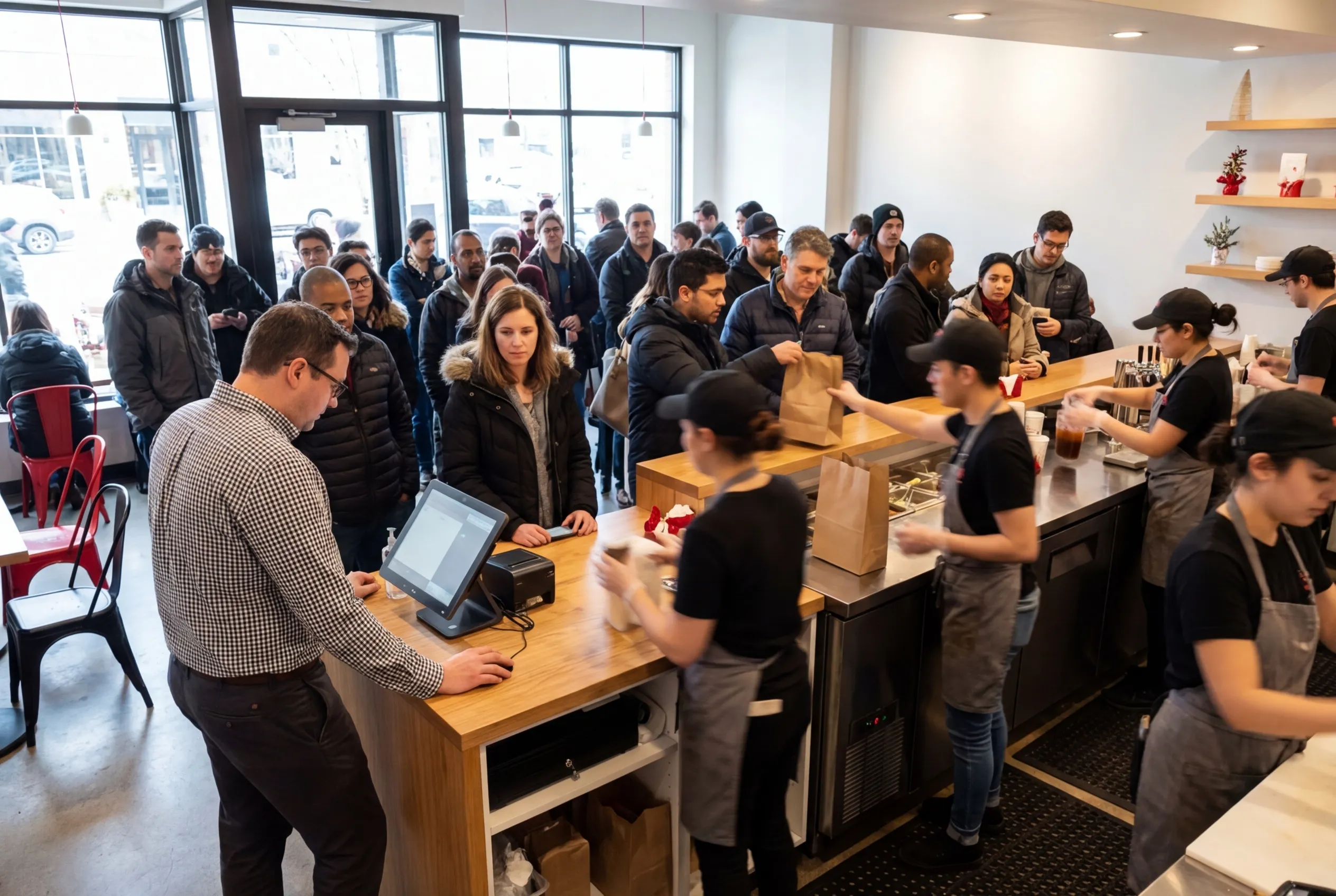 People waiting in a busy cafe; RockN' Socials Digital Marketing Agency.
