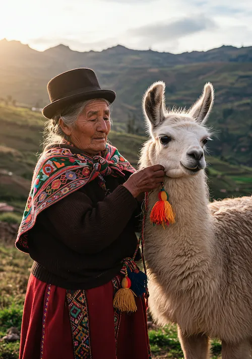 Mulher andina com traje tradicional ao lado de uma lhama em paisagem montanhosa