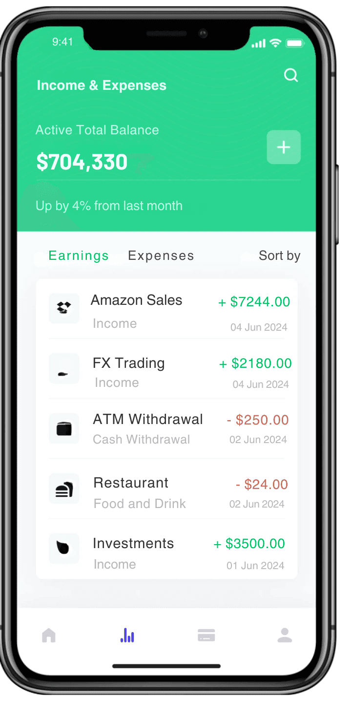 Mobile app interface showing income and expenses with a total balance of £704,330, highlighting transactions such as Amazon sales, FX trading, ATM withdrawals, and restaurant expenses, representing UK Company Formations' streamlined financial management for new businesses.