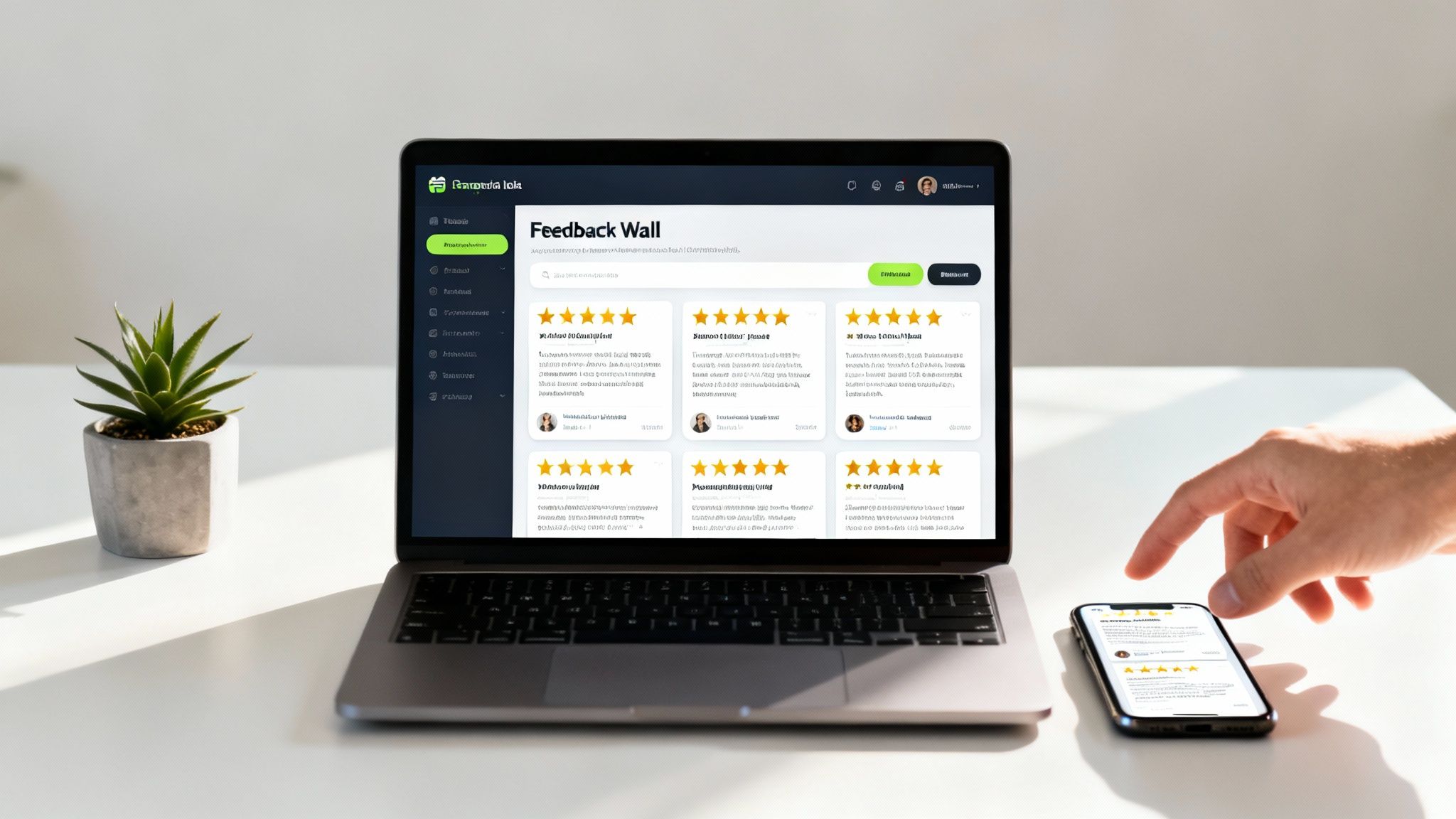 A laptop displaying a 'Feedback Wall' with customer reviews, alongside a hand interacting with a smartphone showing similar testimonials.