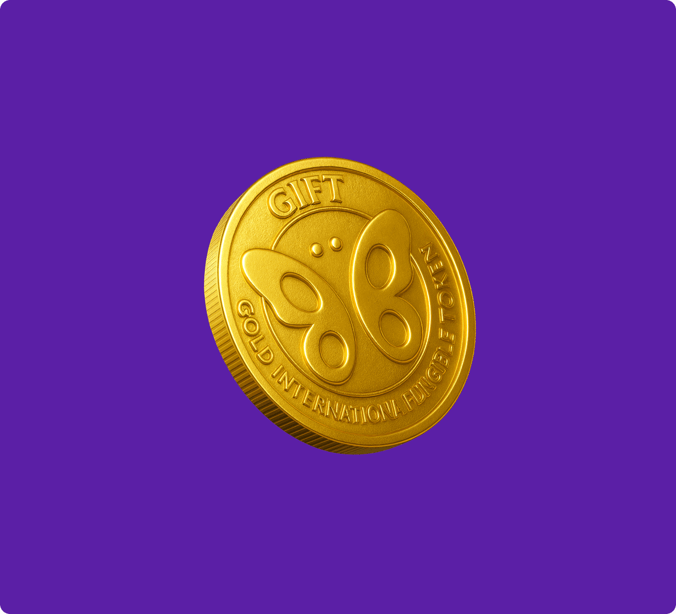 A 3D digital illustration of a gleaming golden coin floating at an angle against a solid, vibrant purple background. The face of the coin features an embossed design of a stylized butterfly in the center. The word "GIFT" is stamped in bold capital letters along the top edge, while the phrase "GOLD INTERNATIONAL FUNGIBLE TOKEN" curves along the bottom. The coin has a finely ridged edge and a textured metallic surface that realistically catches the light.