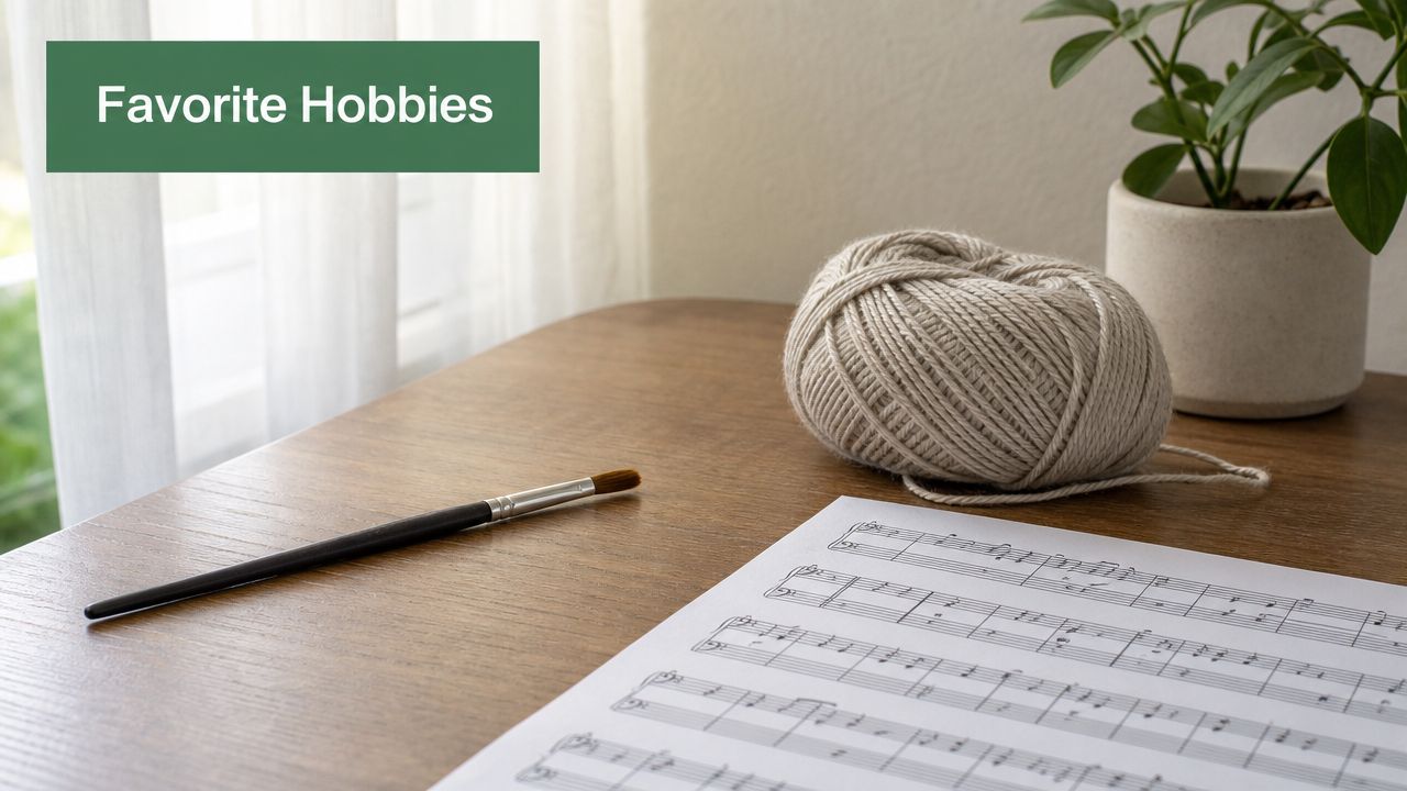 A wooden desk holding a paintbrush, a ball of yarn, and a sheet of musical score notes.