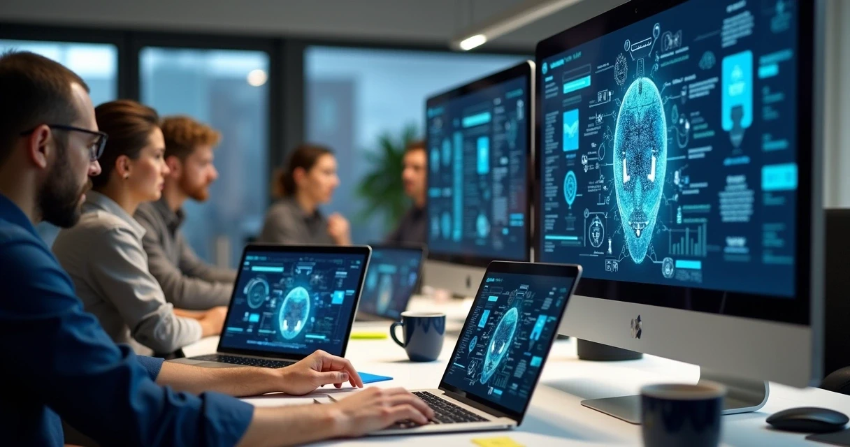 Grupo de pessoas assistindo curso online de inteligência artificial em notebooks