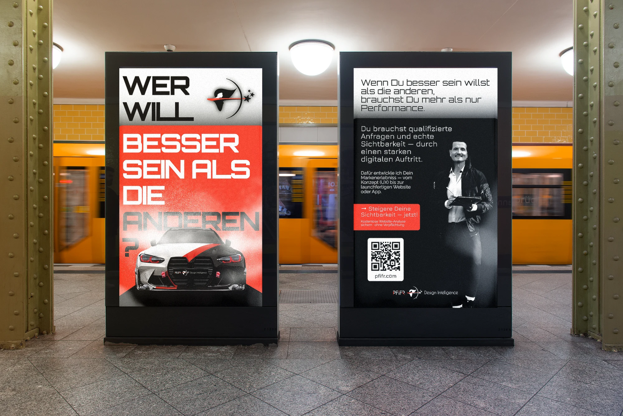 Large-format poster campaign in a subway station featuring a high-performance car and bold typography, showcasing impactful brand communication by PFiFR Design Intelligence.