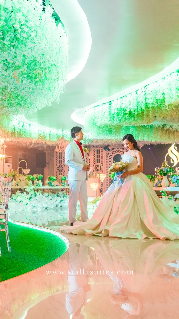 First dance under the moonlit garden canopy at Celestia Hall, Stalla Suites QC