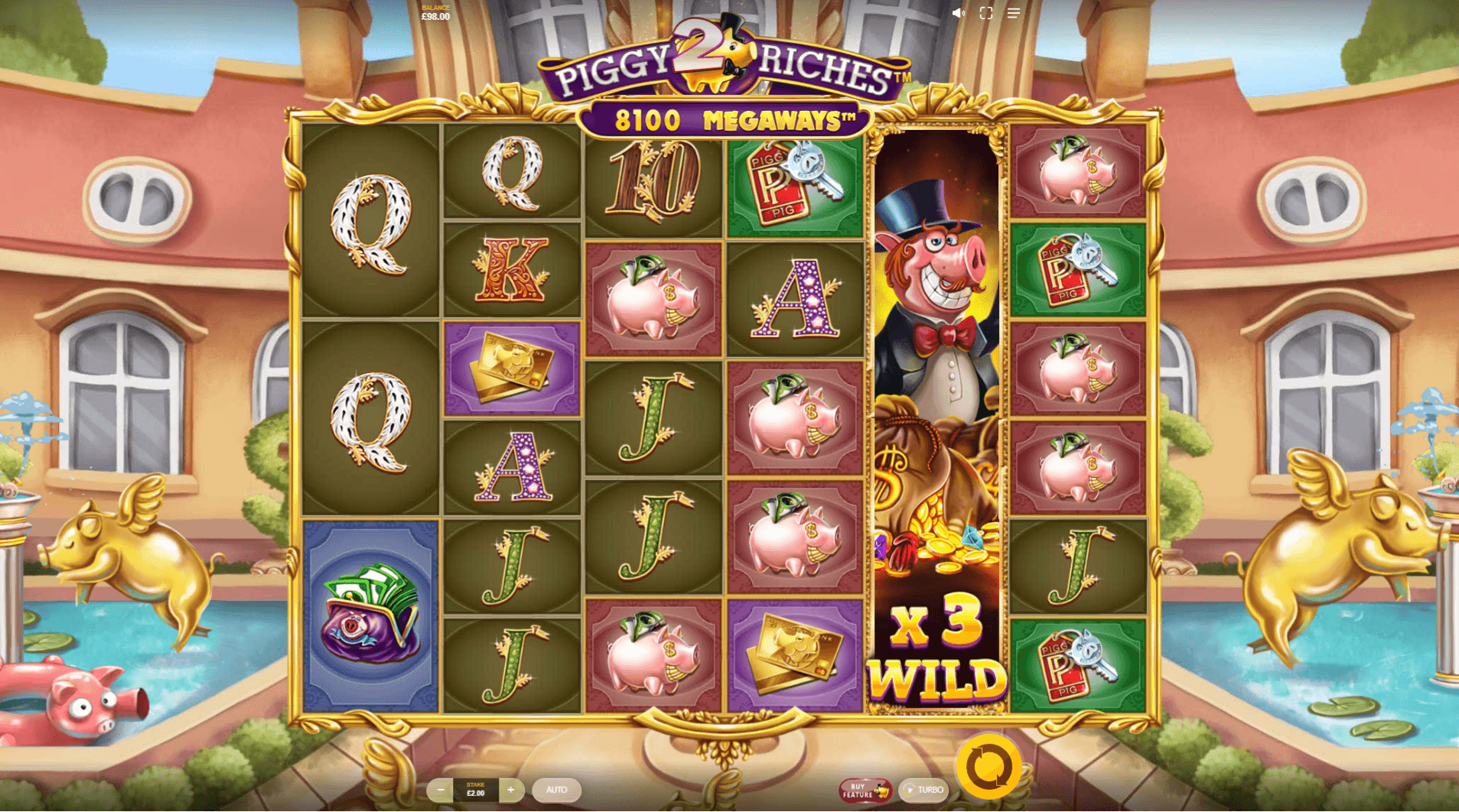 Piggy Riches 2 MegaWays — grille de base et Gentleman Pig Super Wild