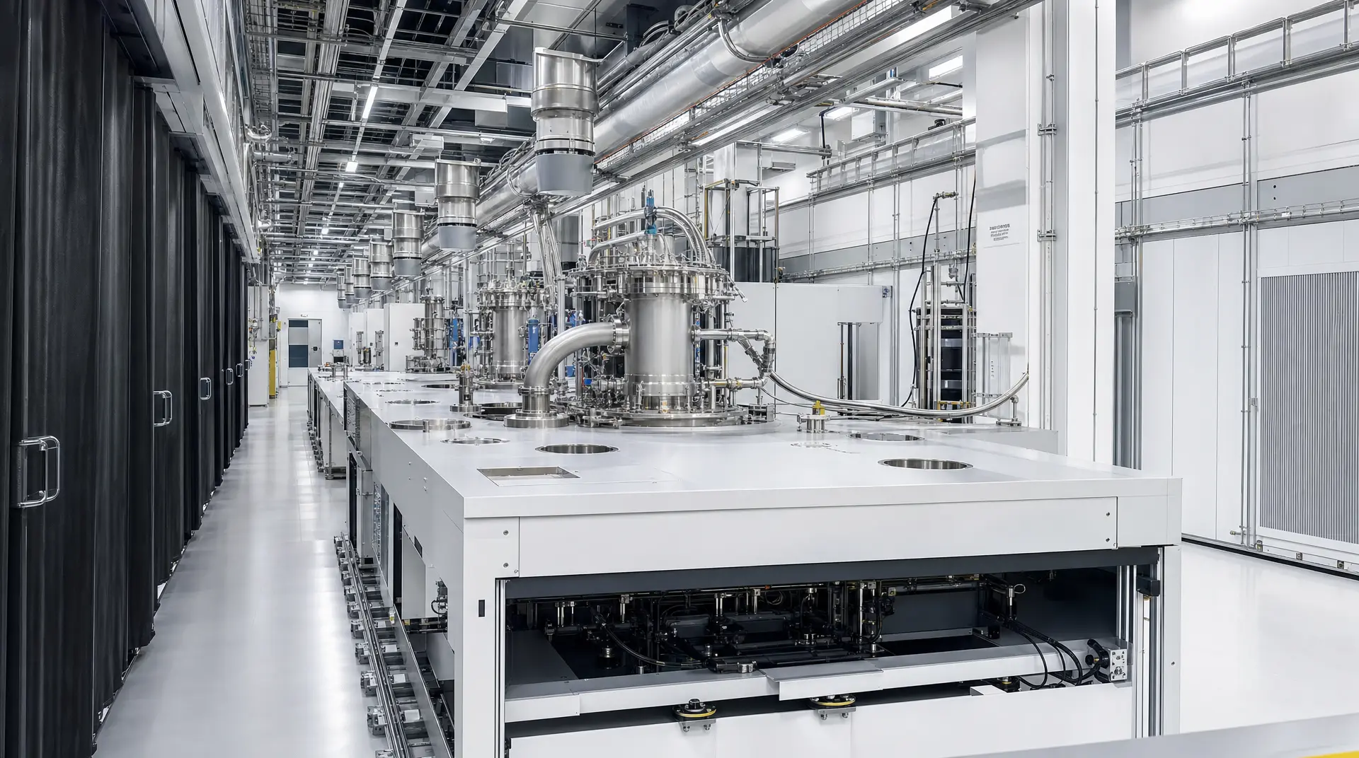 Cleanroom production line with stainless-steel piping, control modules, and a central processing unit, framed for manufacturing video marketing.