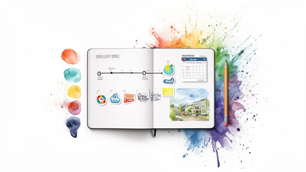 A vibrant open notebook displaying a timeline, stickers, a calendar, and watercolor art, surrounded by colorful splashes.