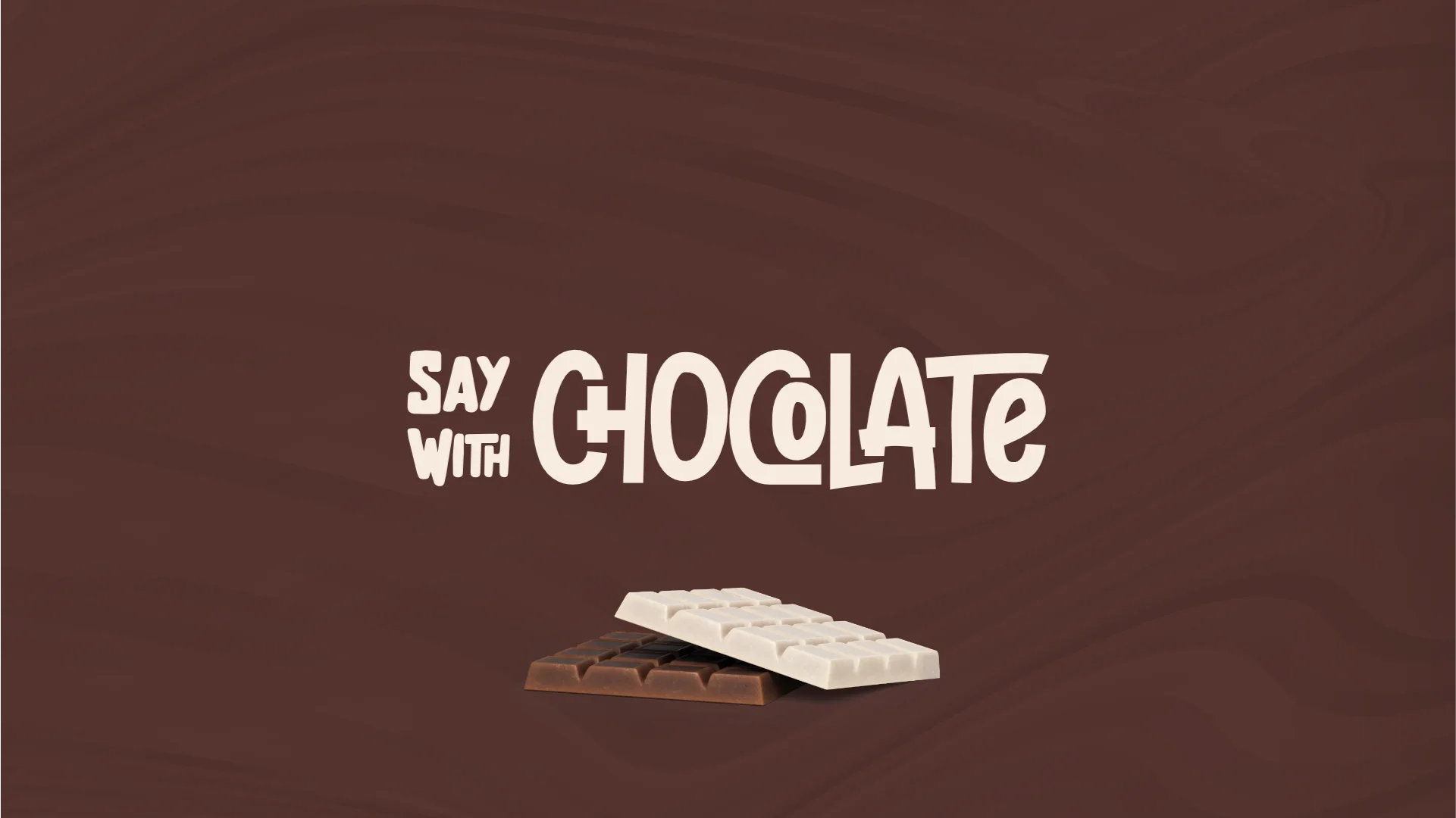 Minimalist visual identity for a boutique chocolate brand, showcasing a playful 'Say With' typography lockup against a rich cocoa-textured background by Andrew Salfinger.