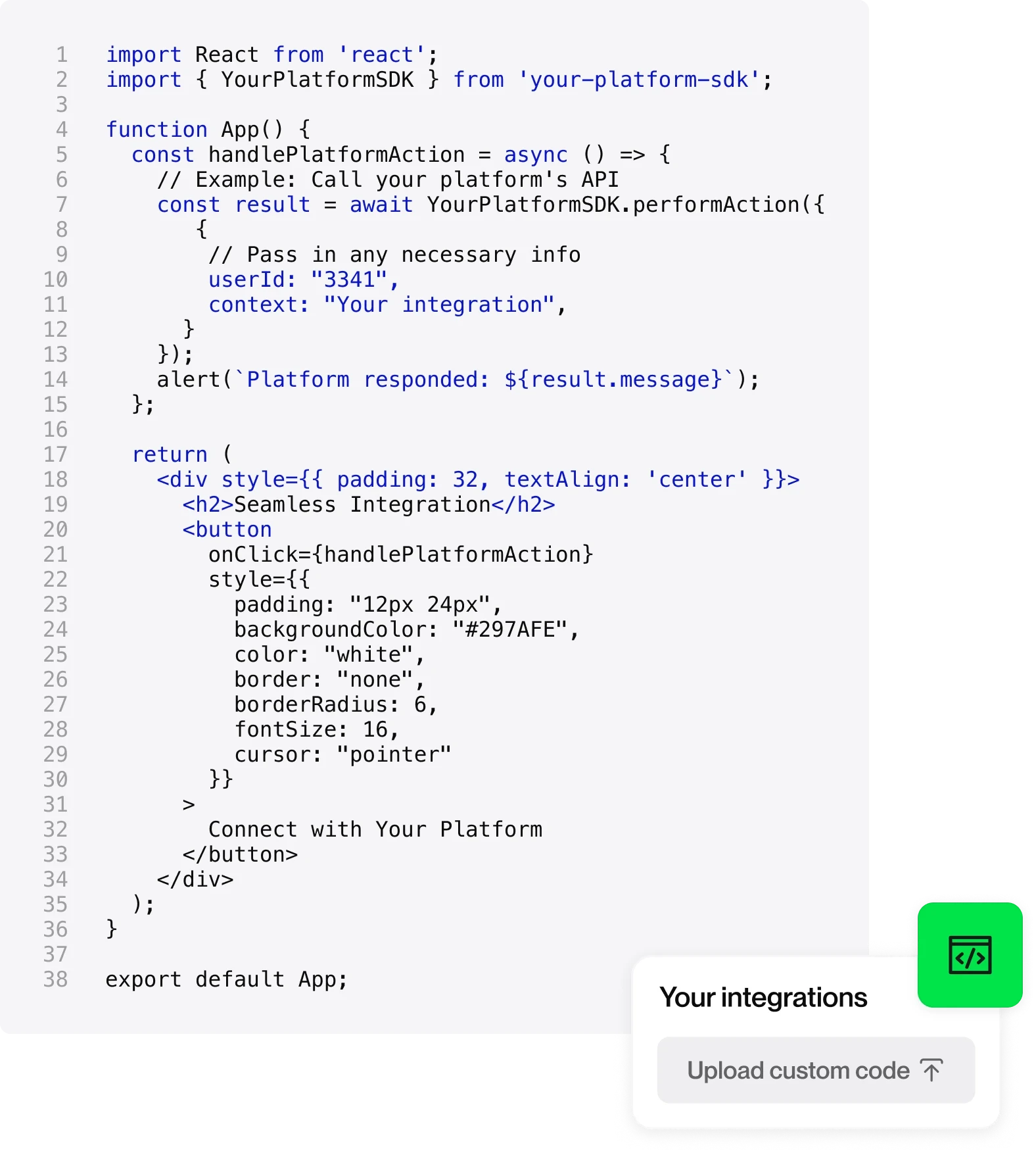 Your integrations section with a button stating: Upload custom code