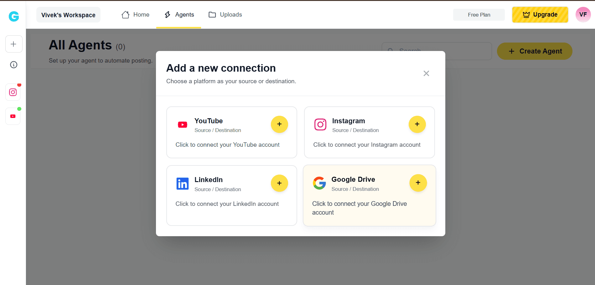 Dashboard interface connecting Instagram account to Google Drive