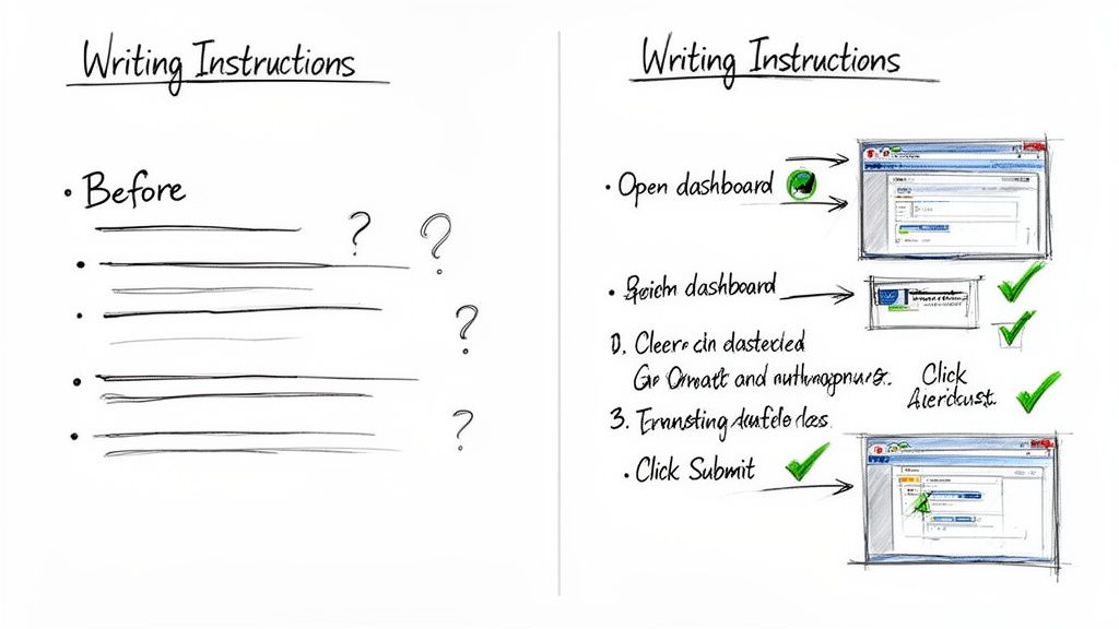 Comparison of unclear written instructions before and clear instructions with visual aids after, showing improved task understanding.