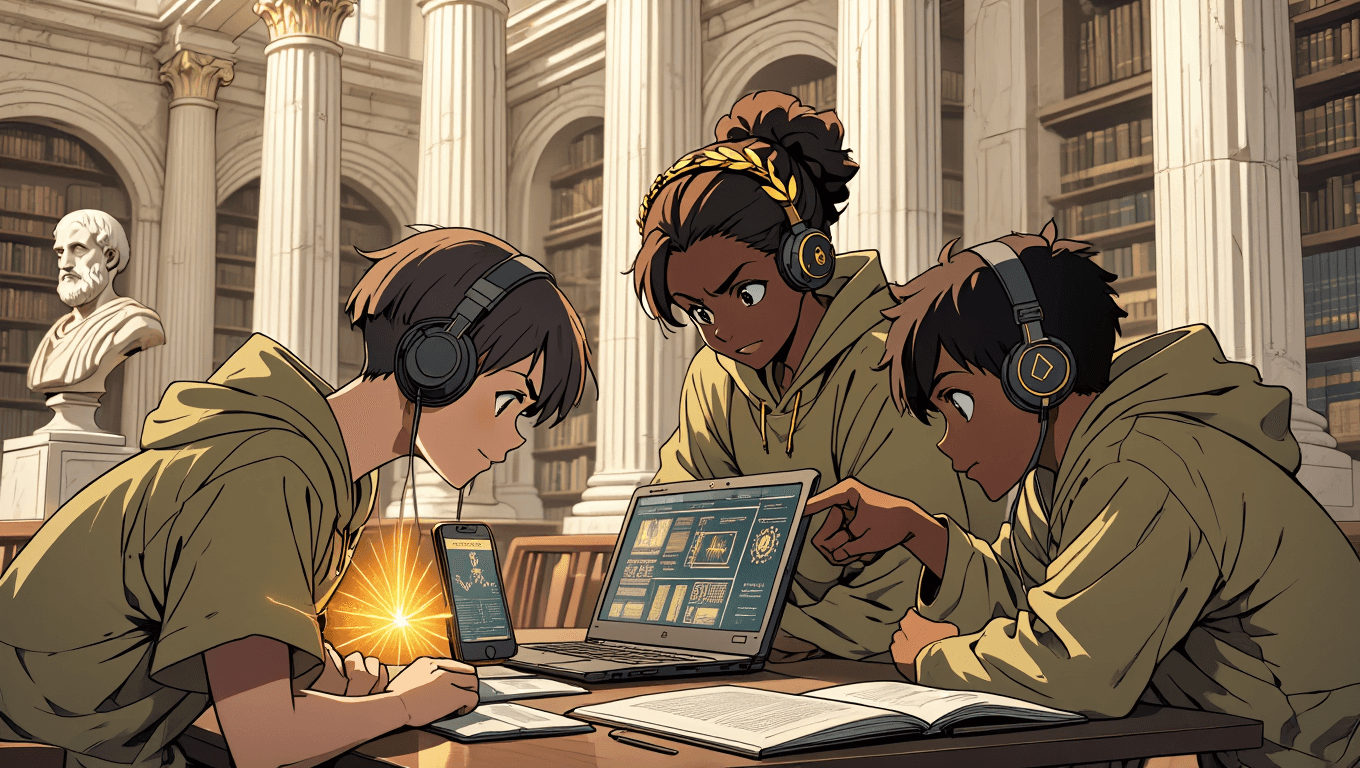Happy law students studying together in a modern library