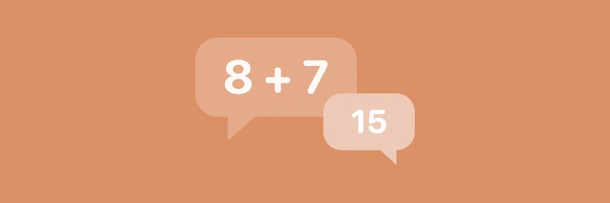 A large speech bubble asking 8 + 7 overlapped by a smaller bubble replying 15, on terracotta