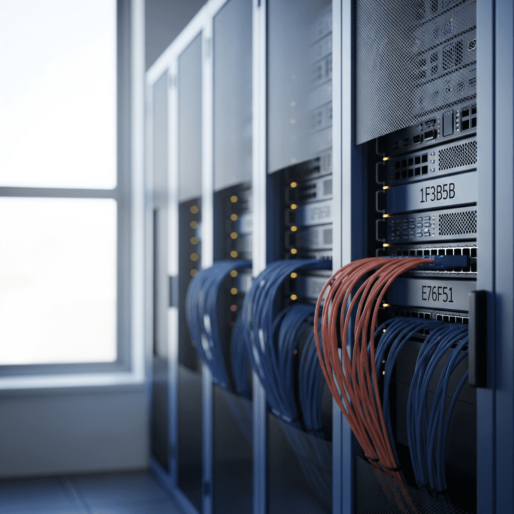 An editorial photograph of a clean, minimalist server room with neatly organized server racks. Natural light streams in from a large window on the left. In the foreground, one server rack has a single, tangled bundle of wires in the brand color #E76F51 connected to a port, contrasting sharply with the organized dark blue (#1F3B5B) and black (#20242B) cables around it, symbolizing technical debt. The background is softly out of focus. Ample negative space in the upper-left third for text overlay. Aspect ratio 16:9. Photorealistic, soft shadows, no text or logos.