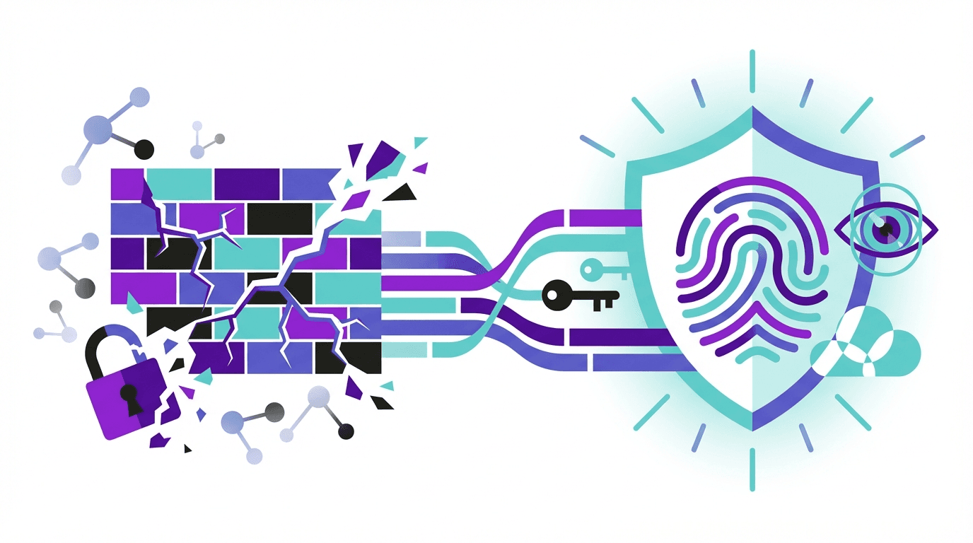 A stylized graphic featuring a shield and a key, surrounded by digital elements in purple and turquoise colors.