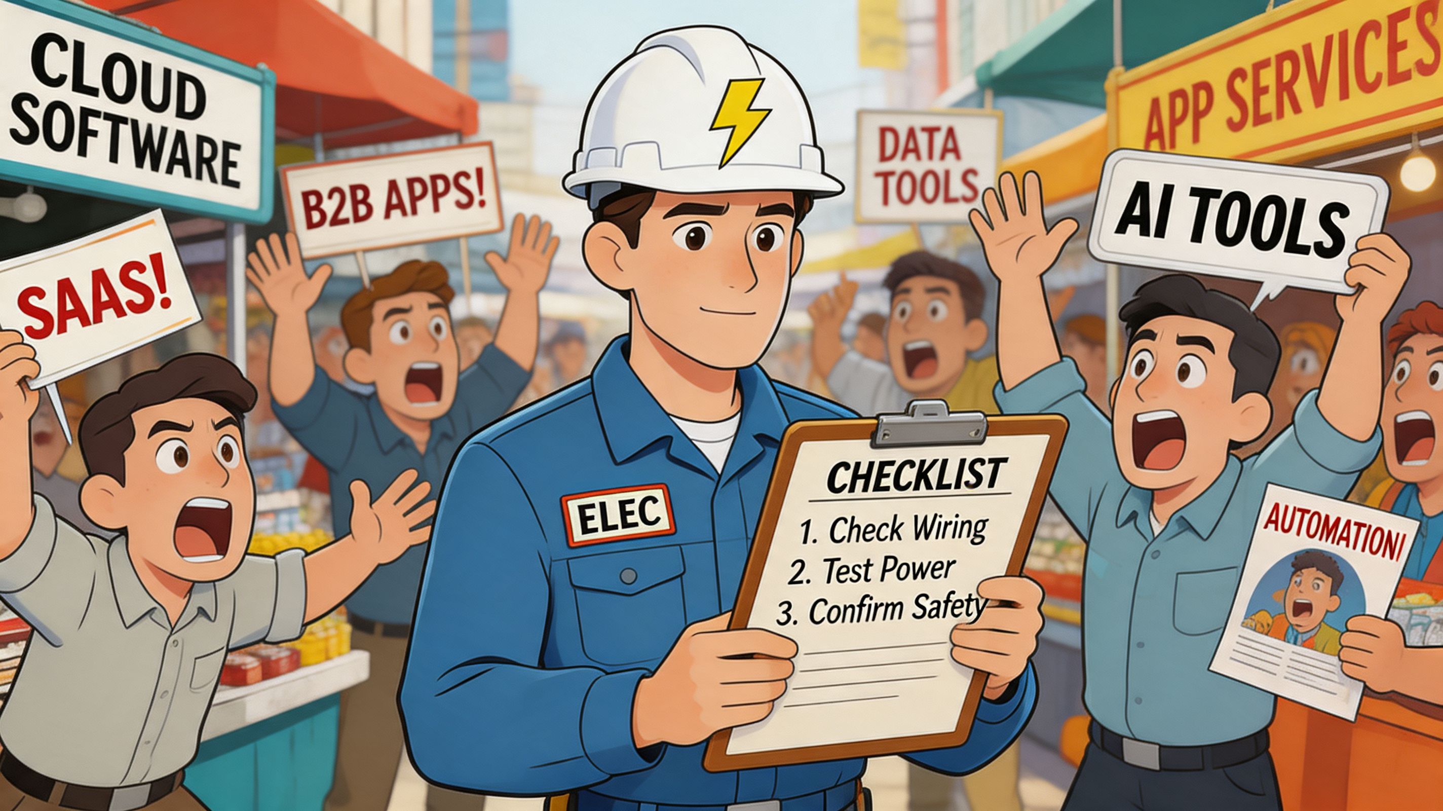 An electrician holds a checklist while surrounded by a crowded market of software service providers.