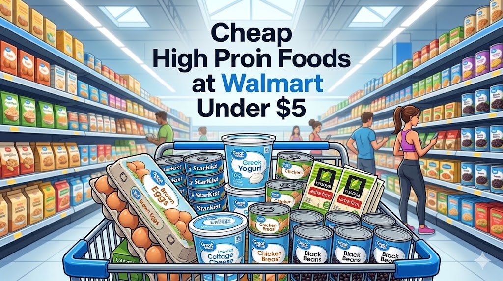 A cartoon illustration of a full Walmart shopping cart with budget-friendly high-protein foods like Great Value eggs, Greek yogurt, tofu, and canned chicken, featuring a bold headline 'Cheap High Protein Foods at Walmart Under $5'.