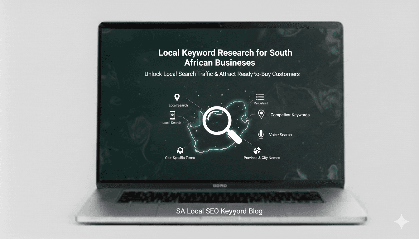 Laptop screen with the text South African map and local keywords