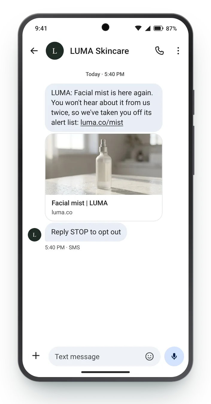 One alert, then off the list back in stock text on an Android phone