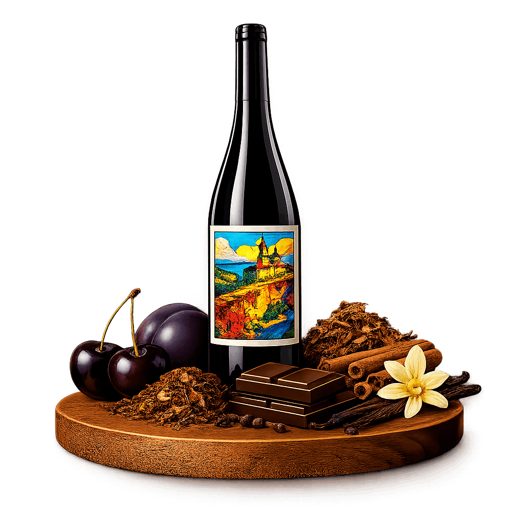 Artistic label and flavor profile for Moldovan Red Blend on a rustic wooden table.