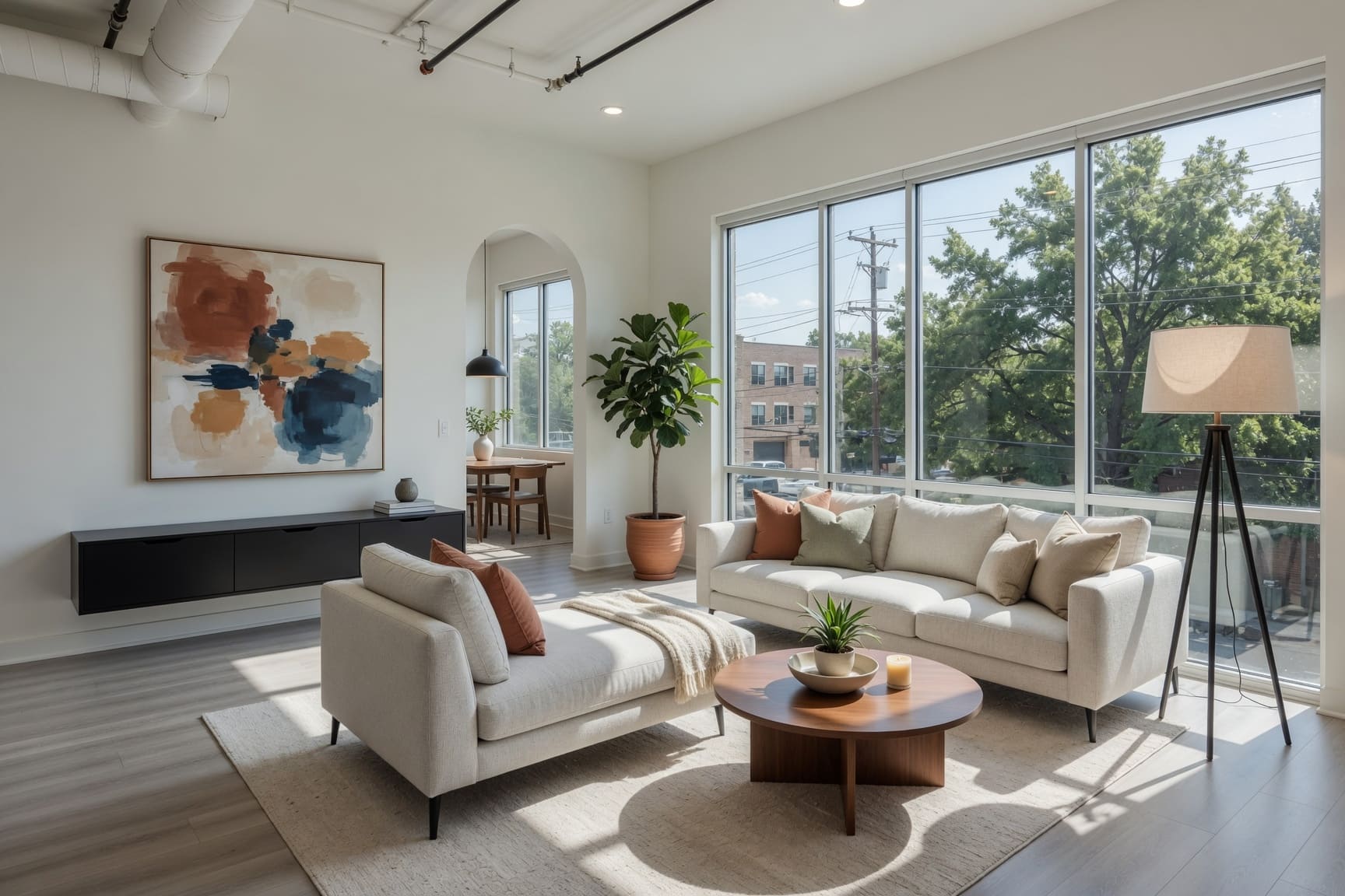 Sunlit living room with city views and open plan layout