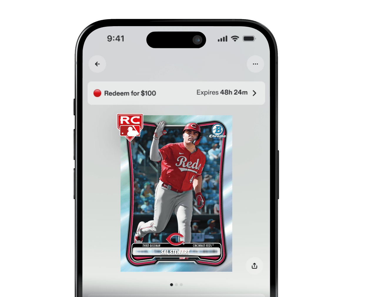 Fanatics Collect app displaying Red RC card collection and redemption for $100 FanCash