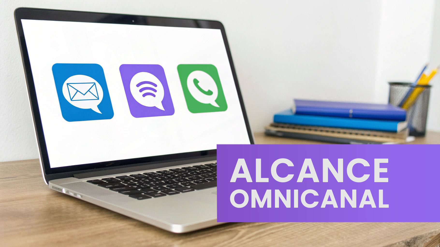 Laptop mostrando iconos de comunicación digital: email, llamadas y mensajería para alcance omnicanal empresarial