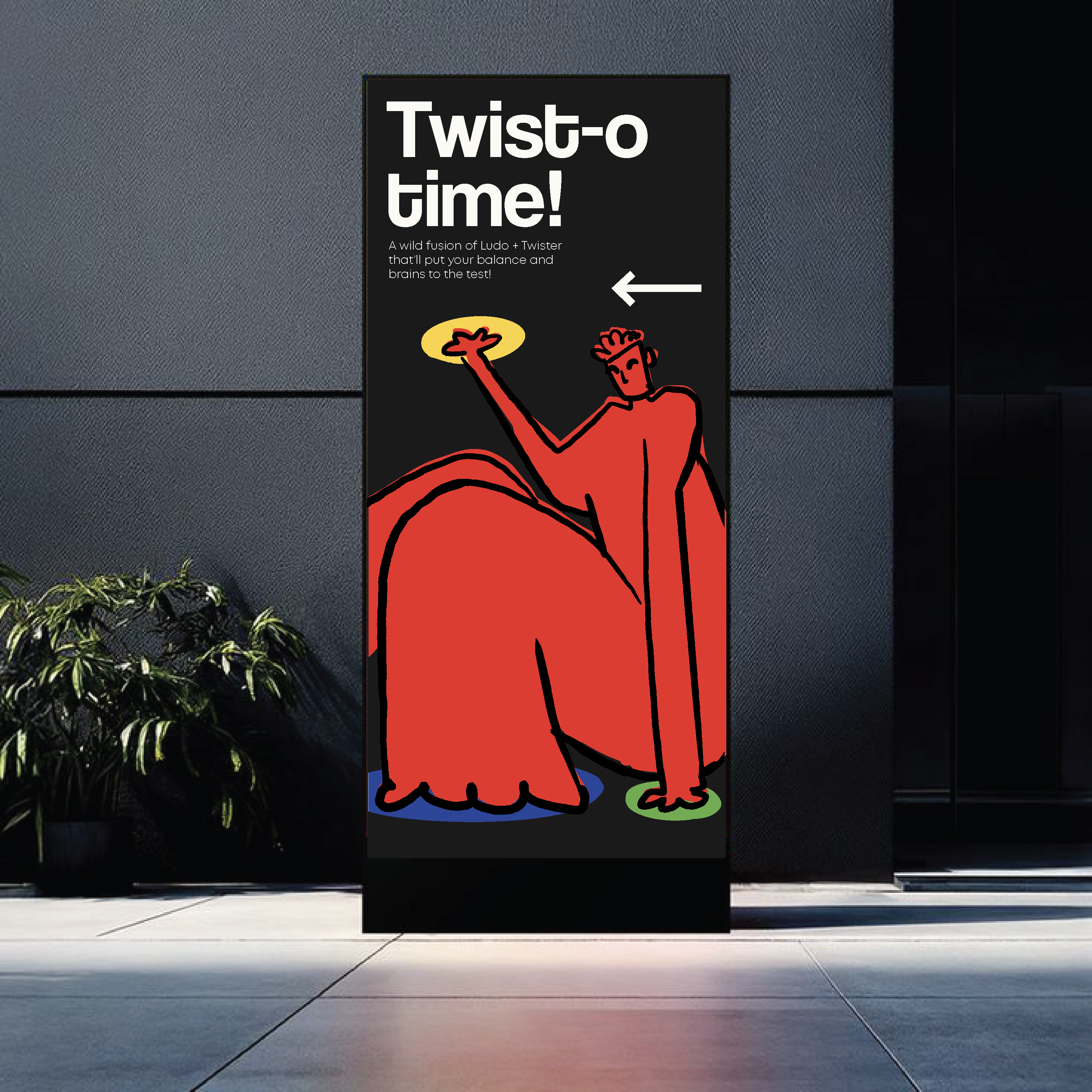 Twist-O human-size board game standee featuring a bold red illustrated character and directional event signage.