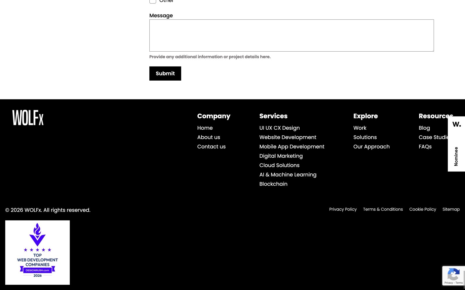 Black footer with "WOLFx" logo, company info, services, and explore options. Text: "© 2026 WOLFx. All rights reserved.