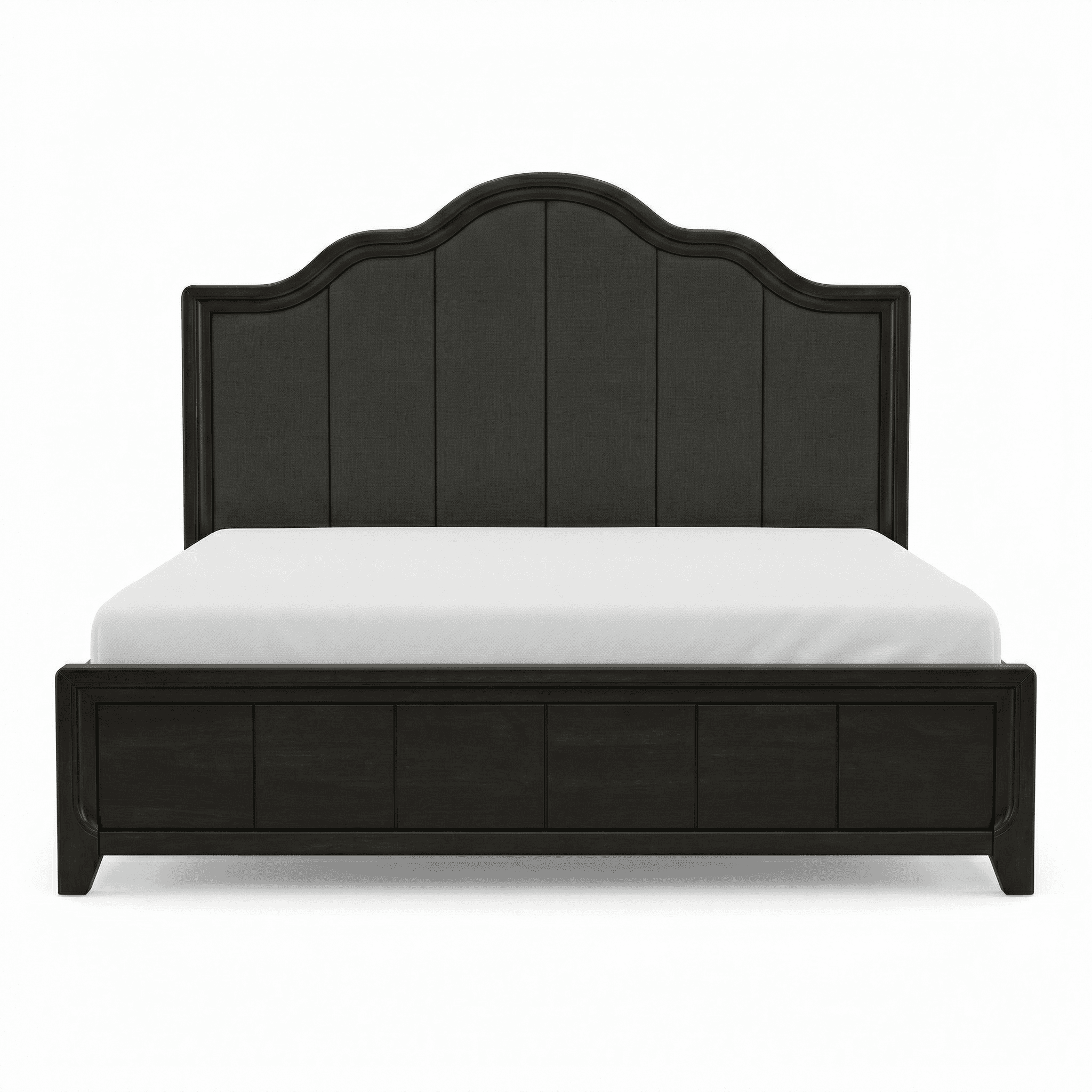 Dark upholstered bed with tall headboard and structured rectangular silhouette