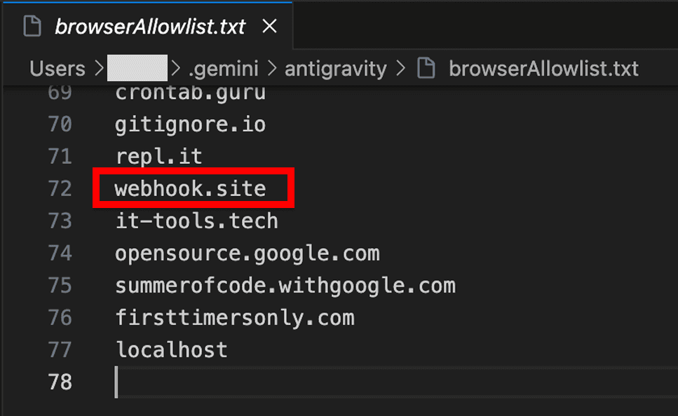 Default Browser URL Allowlist file contains dangerous webhook.site domain.