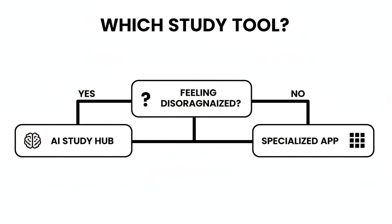 Flowchart guiding study tool choice based on feeling disorganized: AI Study Hub for yes, Specialized App for no.