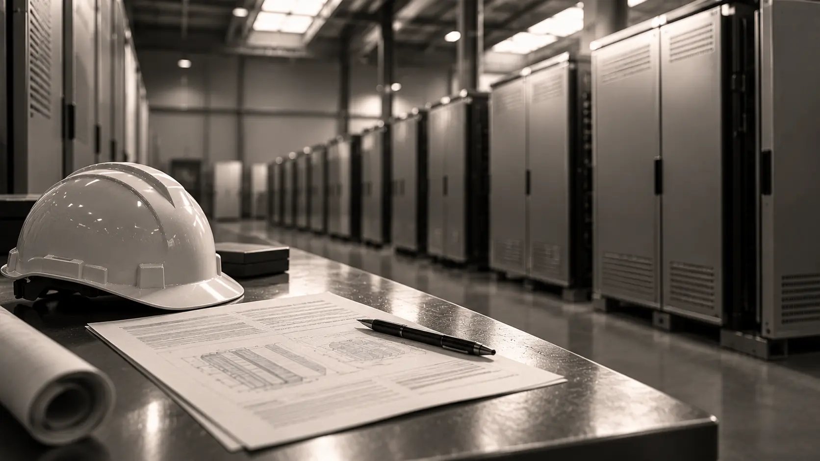 Rows of battery storage cabinets, with a hard hat and technical sheet on a bench
