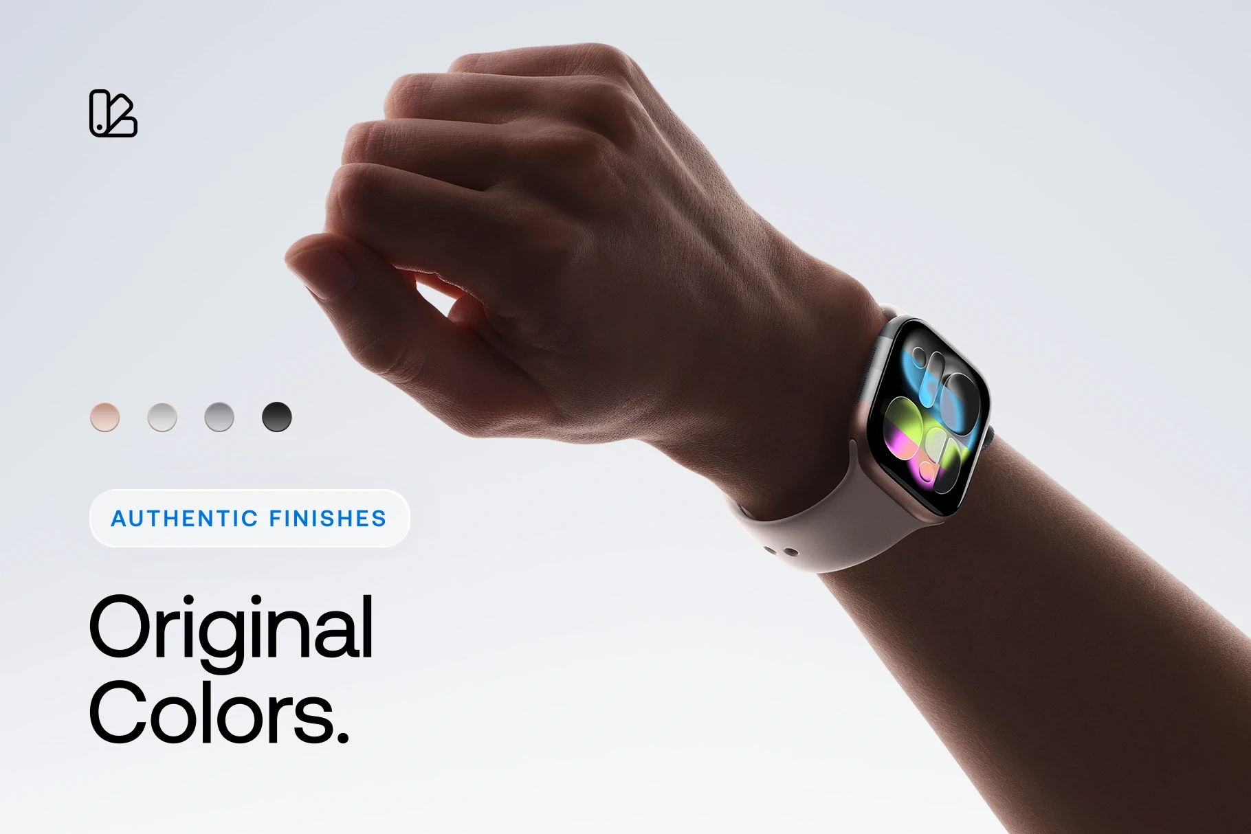 Apple Watch Series 11 in-hand mockup highlighting original watch colors with realistic lighting and wrist positioning.