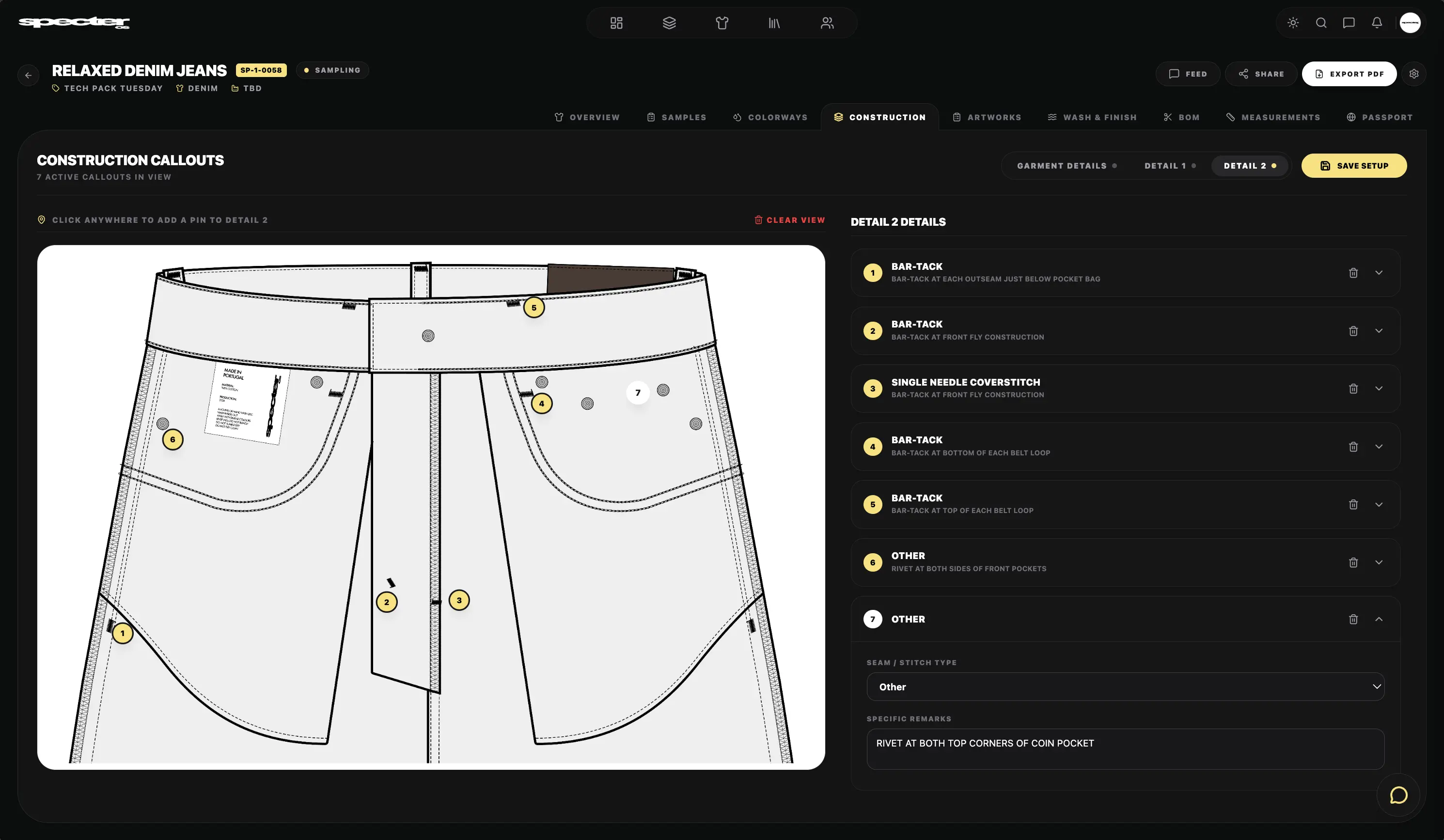 Specter OS tech pack interface showing construction callouts and stitch details for a denim jeans design.