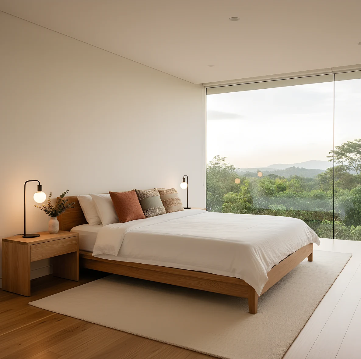 Minimal modern bedroom with a wood bed, white bedding, bedside lamps, and a green landscape view.