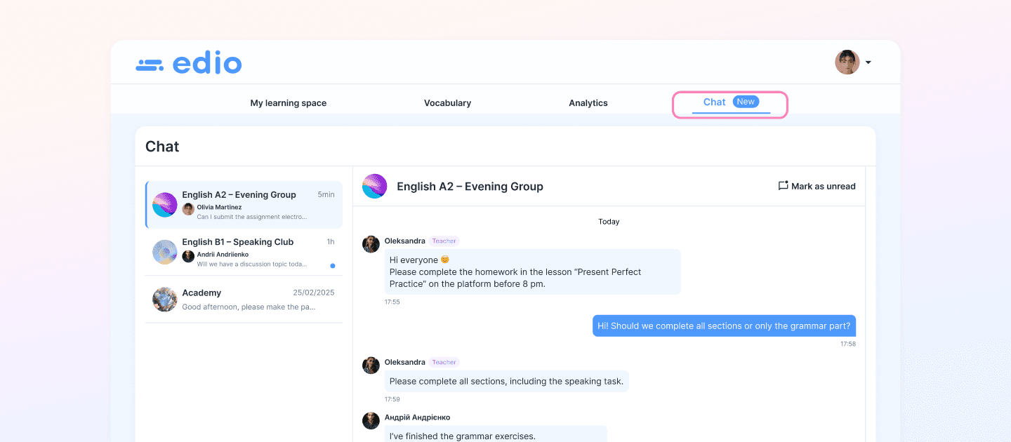 edio student chat view showing class conversations and direct messaging with teacher in language learning platform