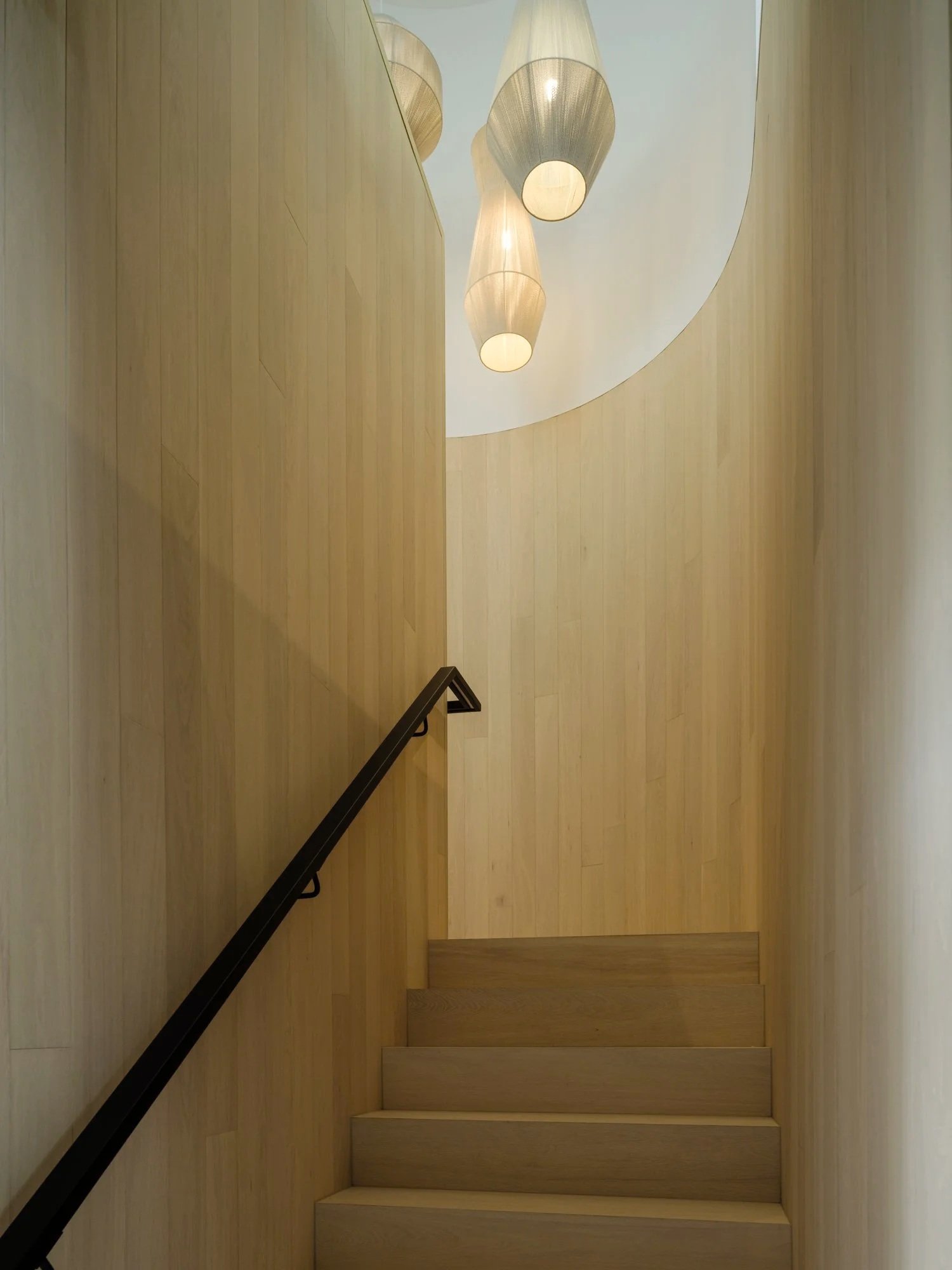 Timber-lined stairwell with curved walls and sculptural pendant lights descending from above.